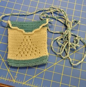 Crocheted Purse Cream & Teal 72" Strap Handmade
